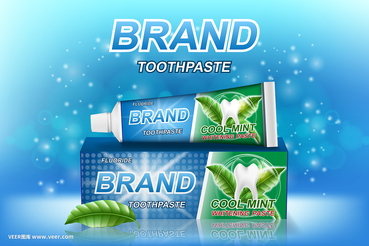 薄荷牙膏廣告。牙齒模型和產品包裝設計的牙科保健海報或廣告。3 d矢量圖